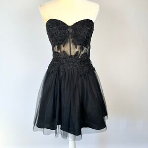 Black Sequin Corset Tulle Strapless Mini Dress Women 9 Blondie Nites Prom Formal